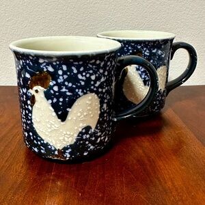 Vintage Navy Blue Speckled Rooster Mugs Set of Two Cottagecore Farmhouse